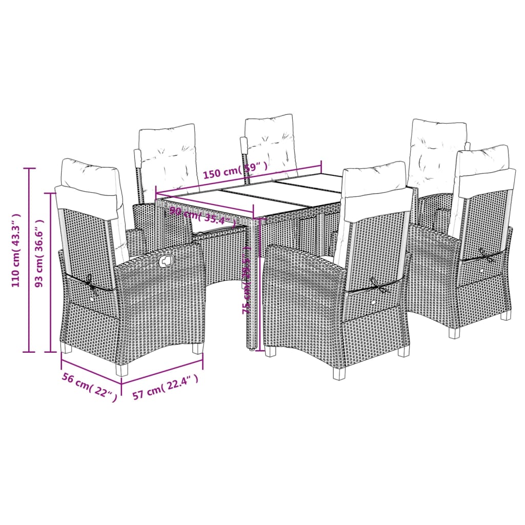 7-dijelni vrtni blagovaonski set s jastucima crni od poliratana Crna 150 cm table length