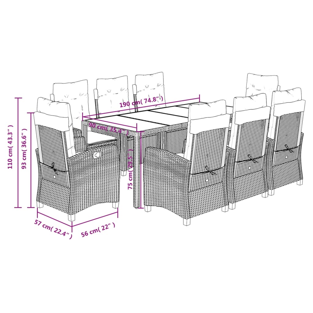 9-dijelni vrtni blagovaonski set sivi od poliratana Siva 190 cm table length
