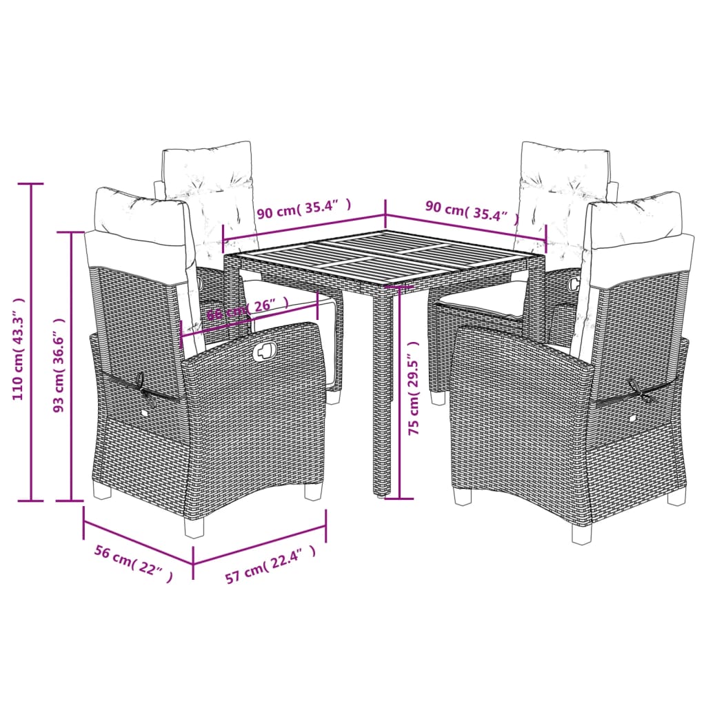 5-dijelni vrtni blagovaonski set s jastucima od poliratana crni Crna 90 cm table length