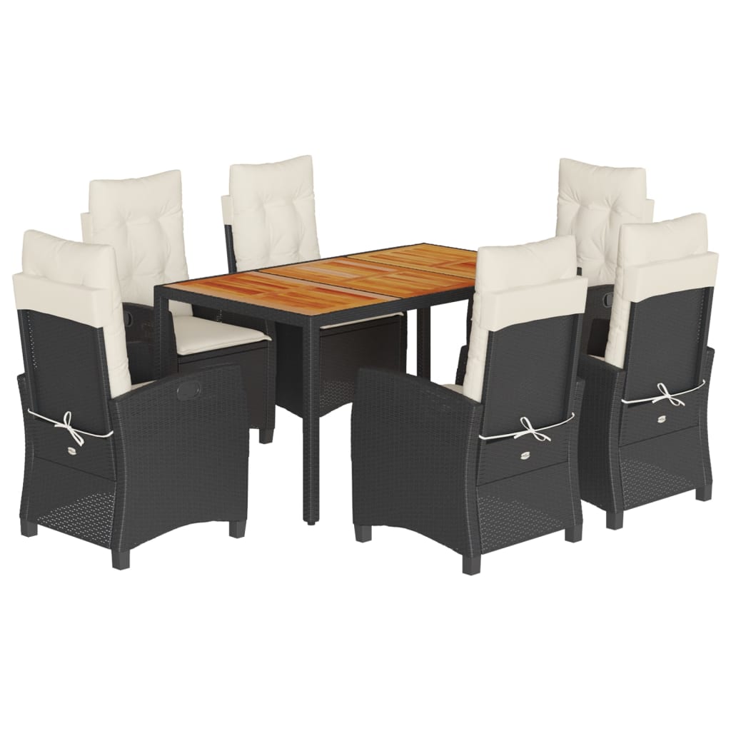 7-dijelni vrtni blagovaonski set s jastucima crni od poliratana Crna 150 cm table length