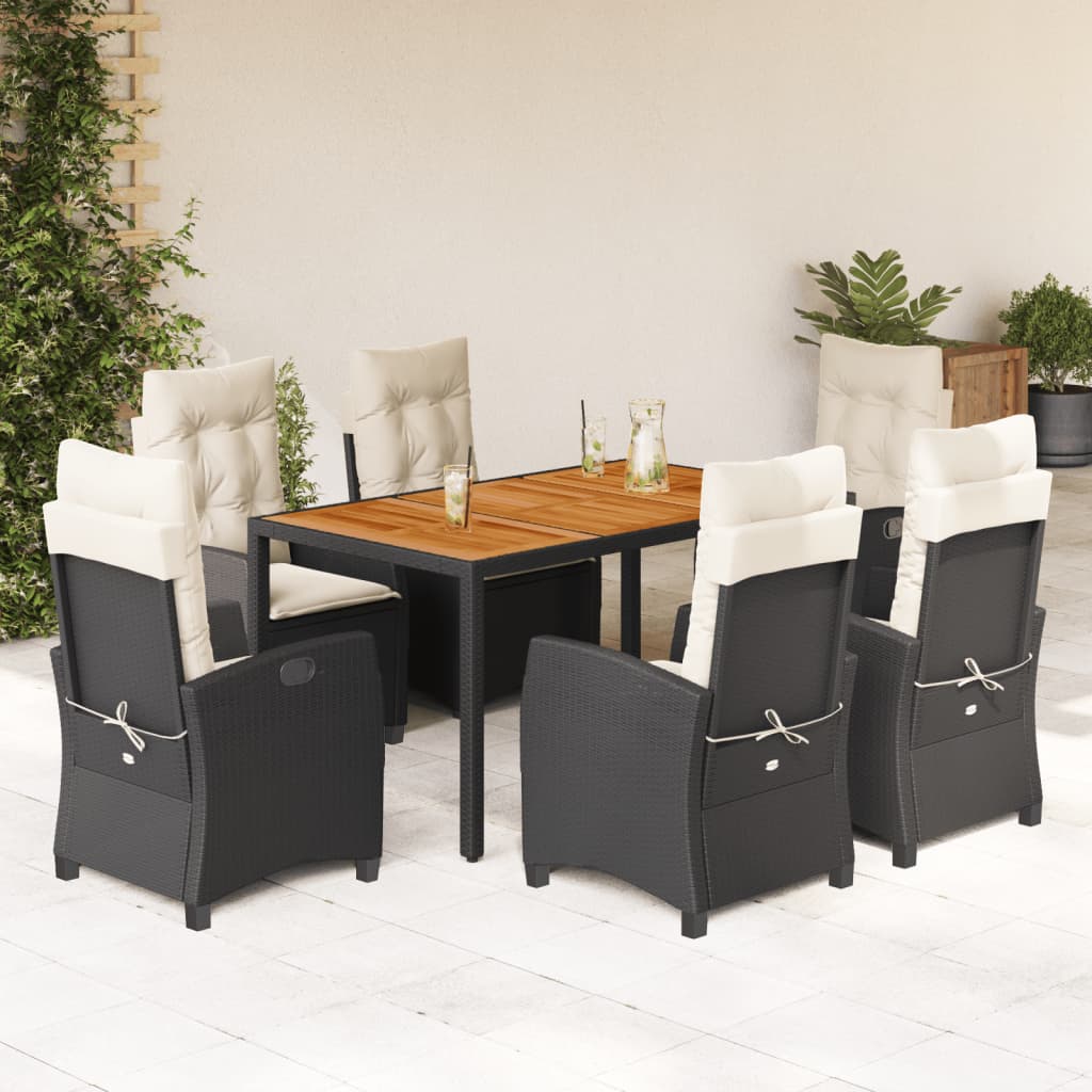 7-dijelni vrtni blagovaonski set s jastucima crni od poliratana Crna 150 cm table length