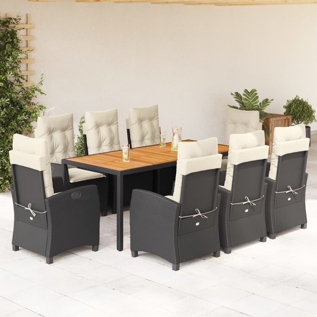 9-dijelni vrtni blagovaonski set s jastucima crni od poliratana Crna Dužina stola 190 cm