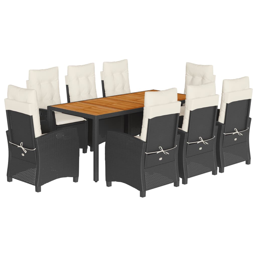 9-dijelni vrtni blagovaonski set s jastucima crni od poliratana Crna Dužina stola 190 cm