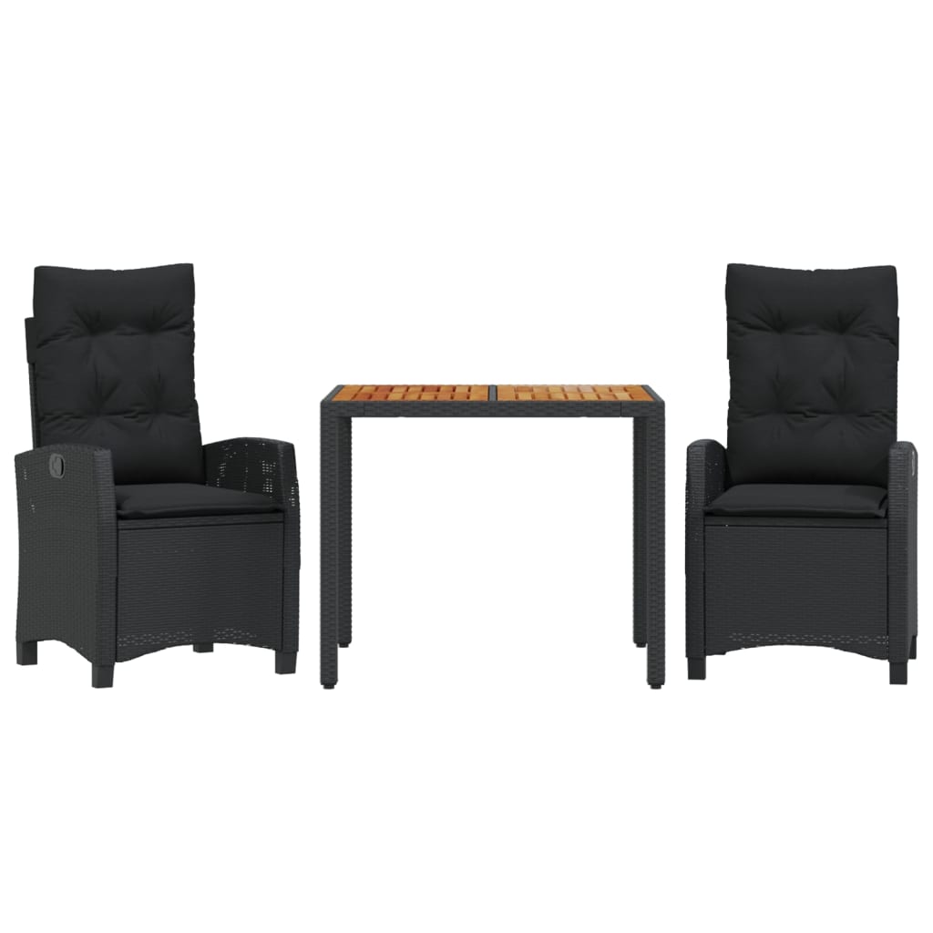 3-dijelni vrtni blagovaonski set s jastucima od poliratana crni Crna 90 cm table length