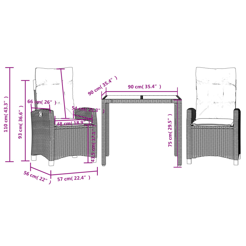3-dijelni vrtni blagovaonski set s jastucima od poliratana crni Crna 90 cm table length