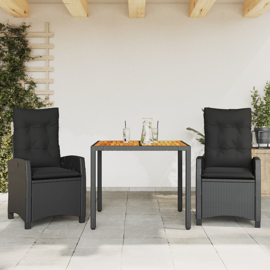 3-dijelni vrtni blagovaonski set s jastucima od poliratana crni Crna 90 cm table length