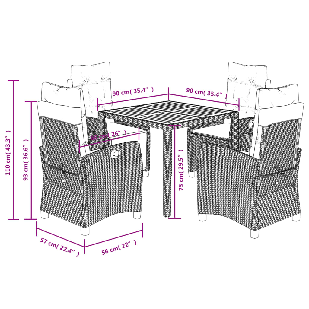 5-dijelni vrtni blagovaonski set s jastucima od poliratana crni Crna 90 cm table length