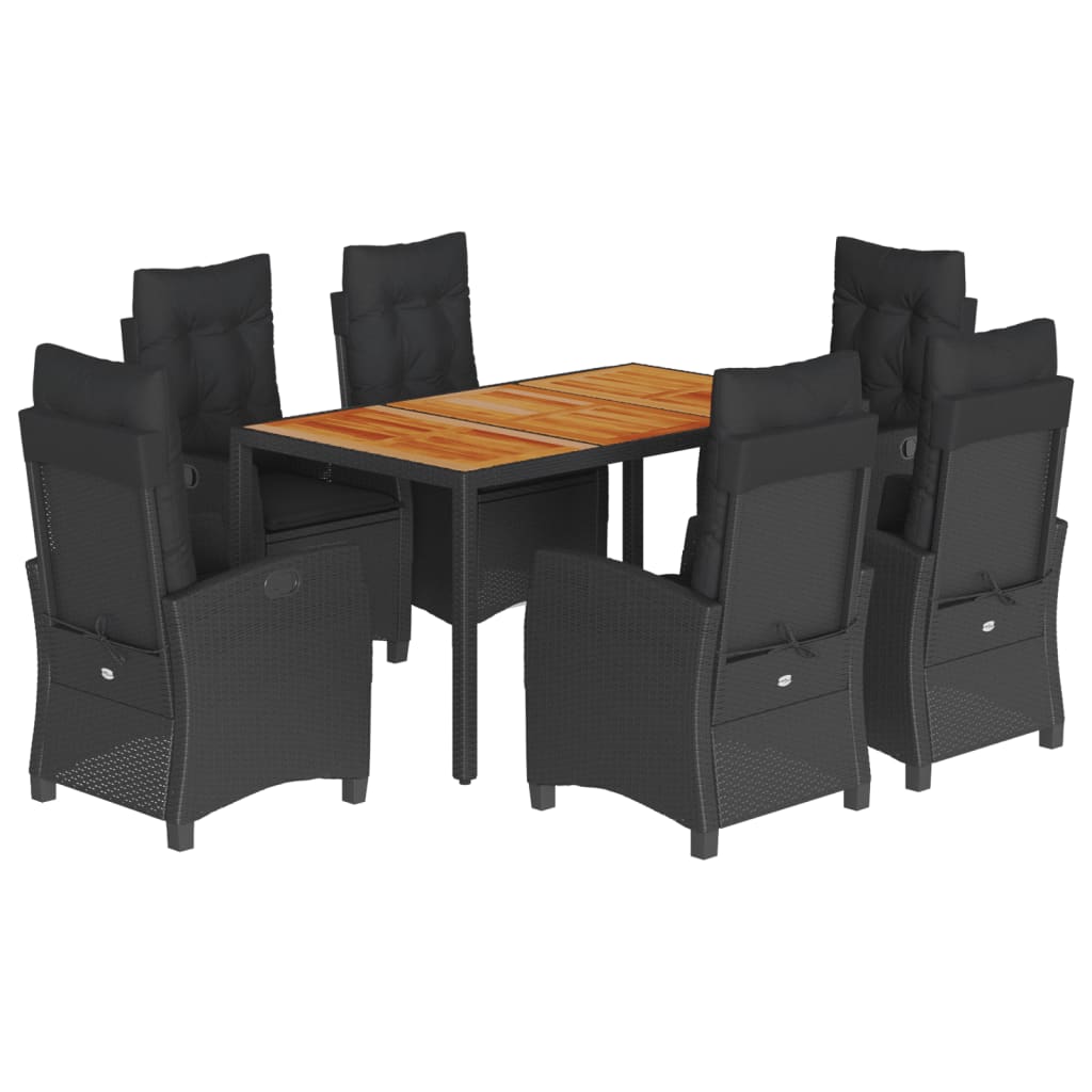 7-dijelni vrtni blagovaonski set s jastucima crni od poliratana Crna 150 cm table length