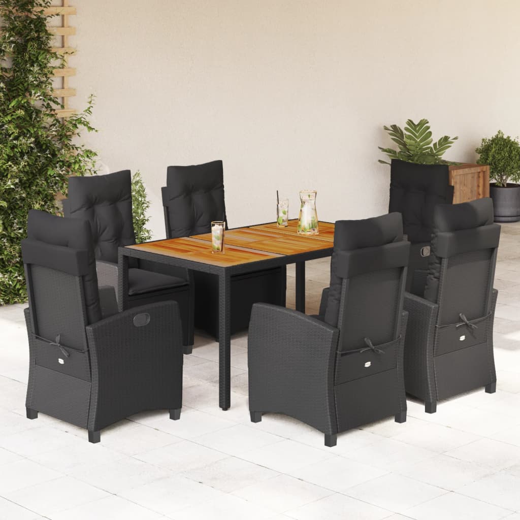 7-dijelni vrtni blagovaonski set s jastucima crni od poliratana Crna 150 cm table length