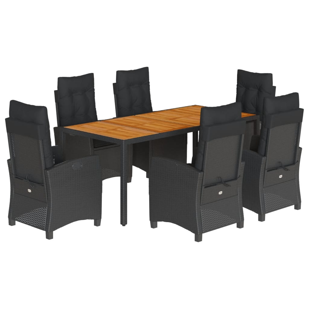 7-dijelni vrtni blagovaonski set s jastucima crni od poliratana Crna 190 cm table length