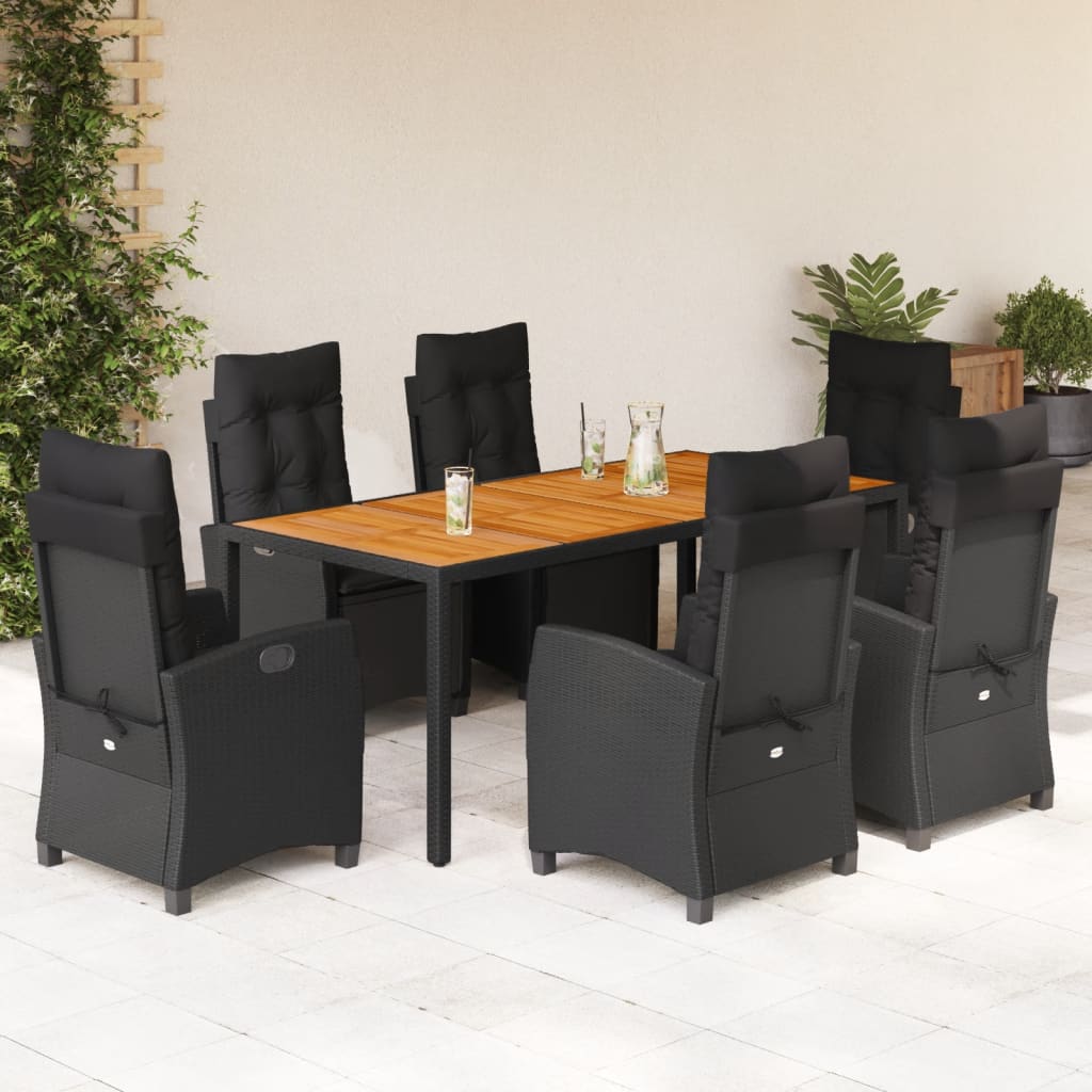 7-dijelni vrtni blagovaonski set s jastucima crni od poliratana Crna 190 cm table length