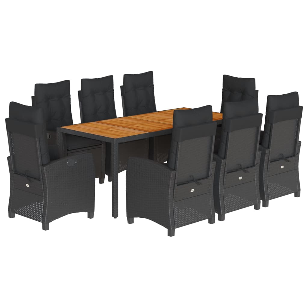 9-dijelni vrtni blagovaonski set s jastucima crni od poliratana Crna 190 cm table length