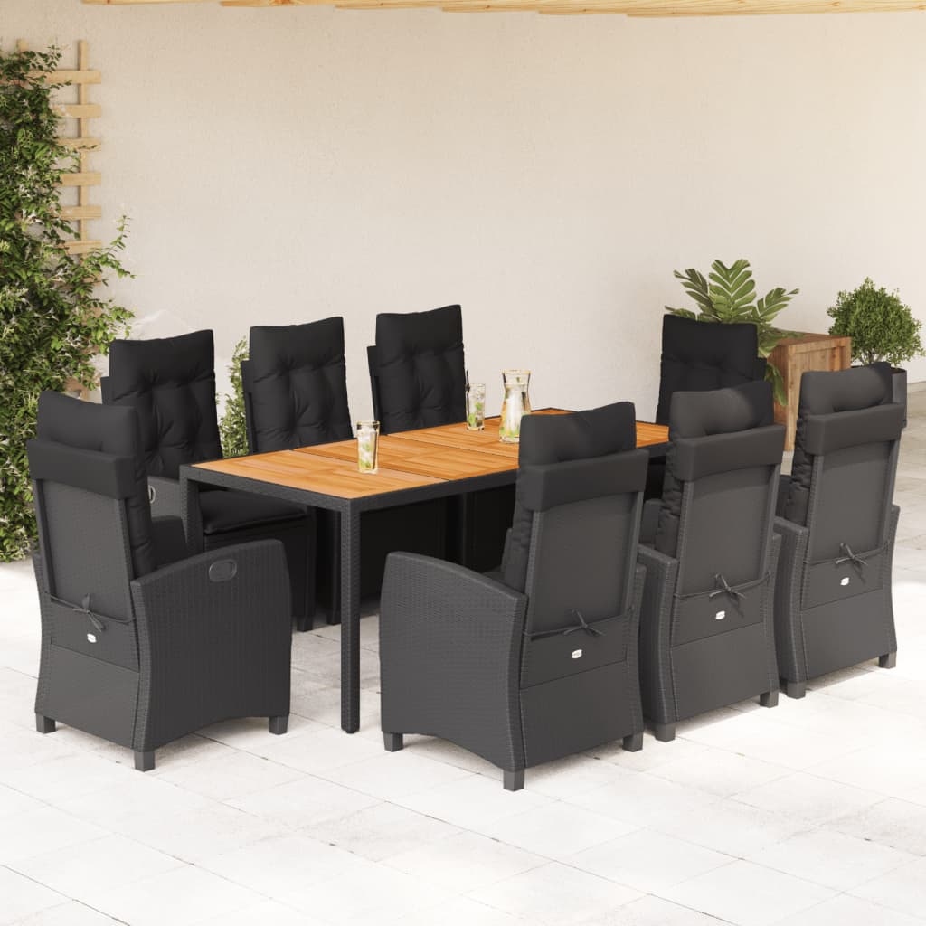 9-dijelni vrtni blagovaonski set s jastucima crni od poliratana Crna 190 cm table length