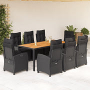 9-dijelni vrtni blagovaonski set s jastucima crni od poliratana Crna 190 cm table length