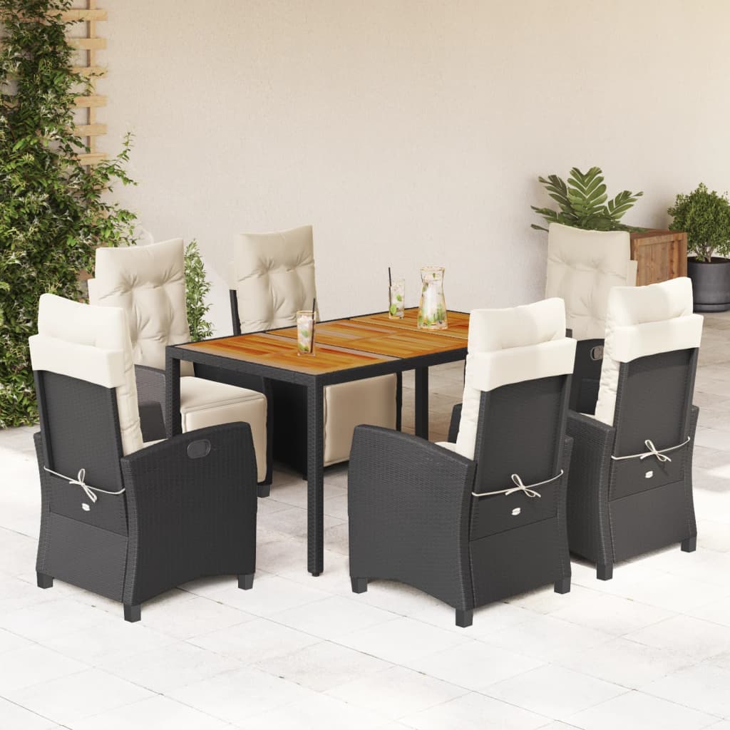 7-dijelni vrtni blagovaonski set s jastucima crni od poliratana Crna 150 cm table length