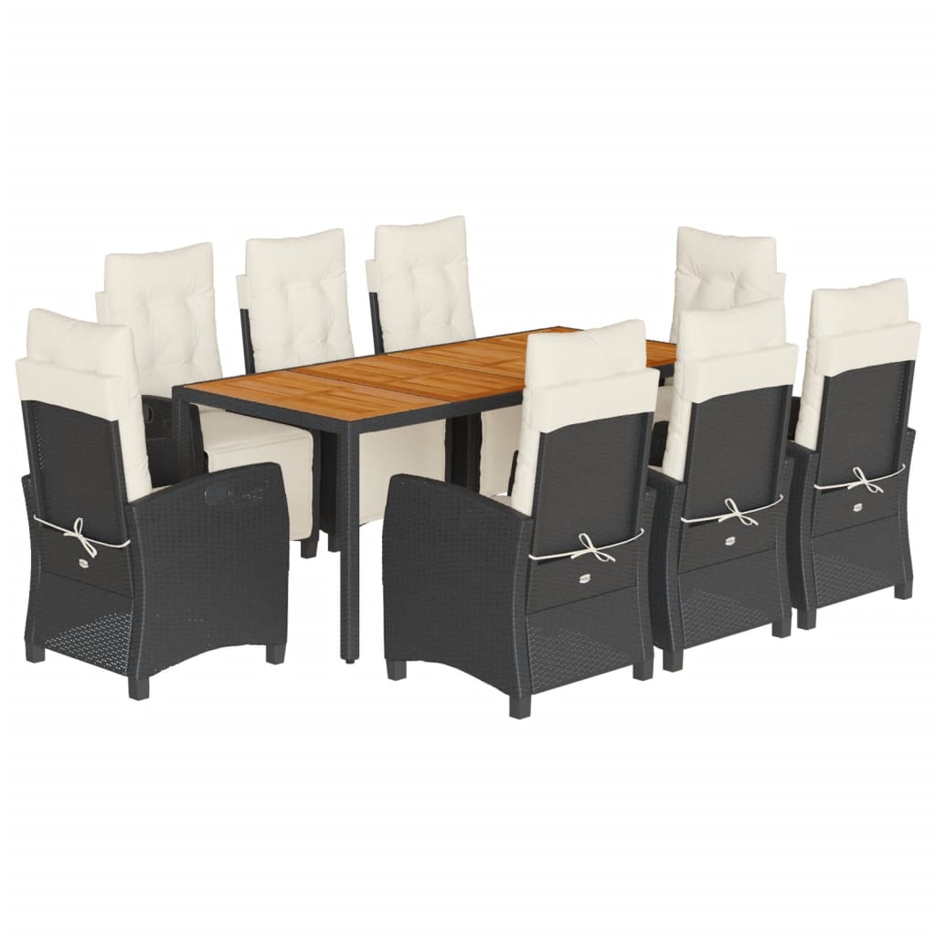 9-dijelni vrtni blagovaonski set s jastucima crni od poliratana Crna 190 cm table length