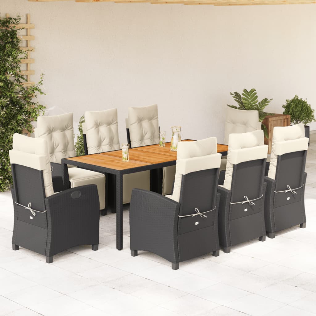 9-dijelni vrtni blagovaonski set s jastucima crni od poliratana Crna 190 cm table length