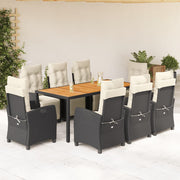 9-dijelni vrtni blagovaonski set s jastucima crni od poliratana Crna 190 cm table length