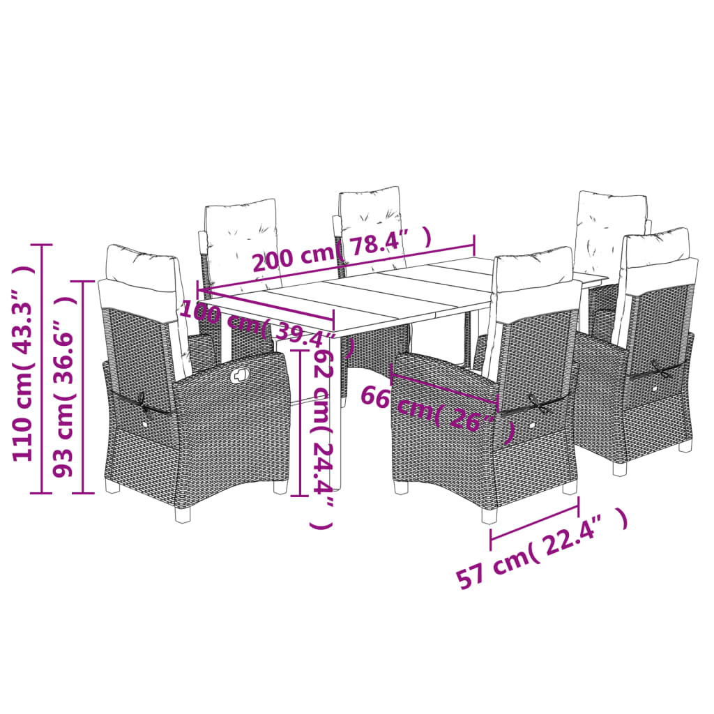 7-dijelni vrtni blagovaonski set s jastucima crni od poliratana Crna 200 cm table length