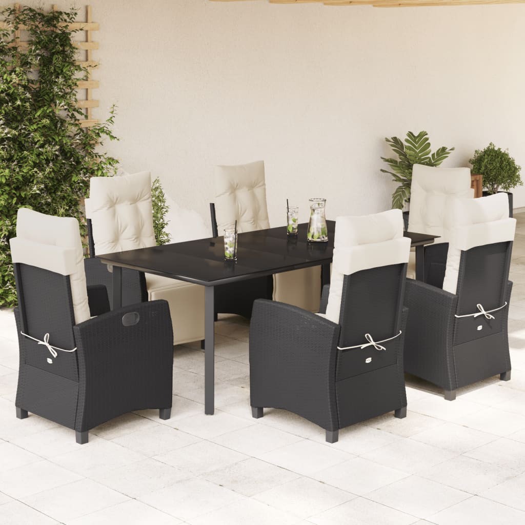 7-dijelni vrtni blagovaonski set s jastucima crni od poliratana Crna 200 cm table length
