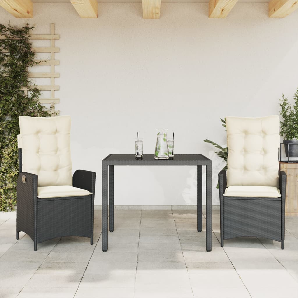 3-dijelni vrtni blagovaonski set s jastucima od poliratana crni Crna 90 cm table length