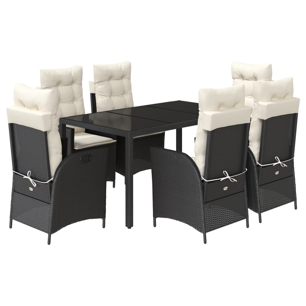 7-dijelni vrtni blagovaonski set s jastucima crni od poliratana Crna 150 cm table length