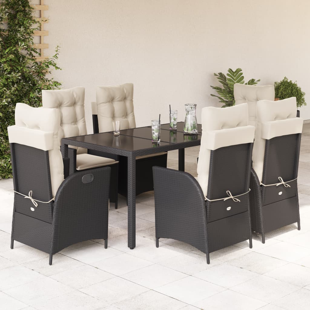 7-dijelni vrtni blagovaonski set s jastucima crni od poliratana Crna 150 cm table length