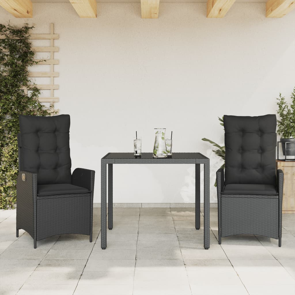 3-dijelni vrtni blagovaonski set s jastucima od poliratana crni Crna 90 cm table length
