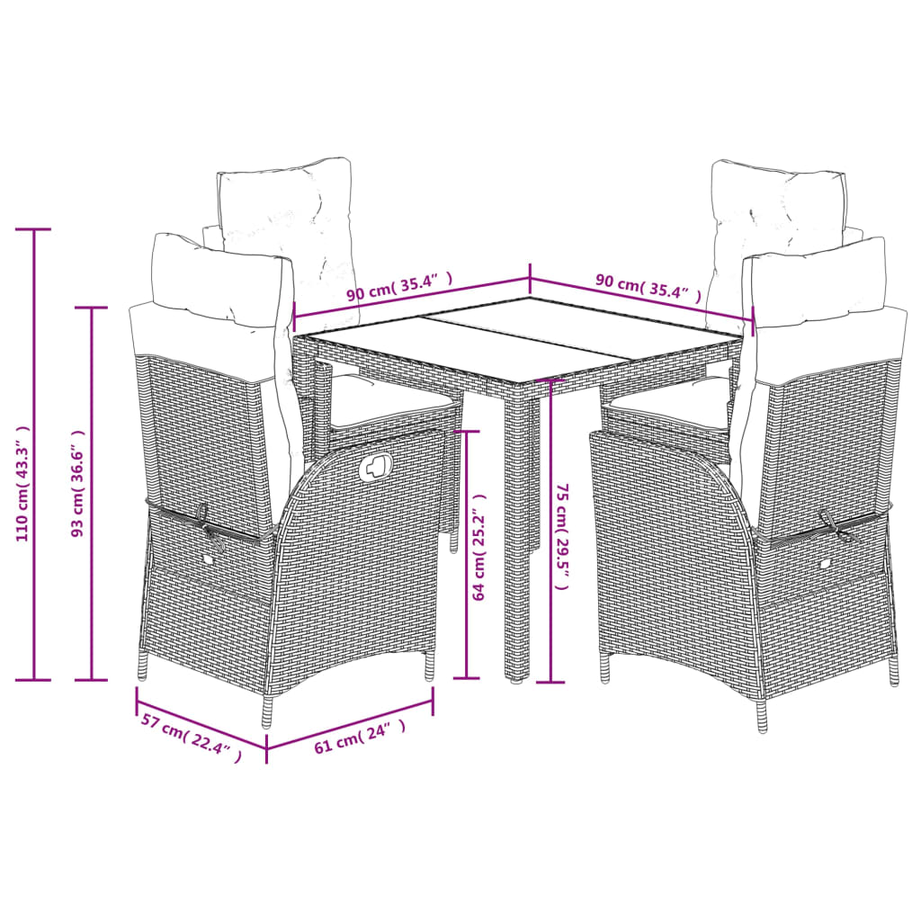 5-dijelni vrtni blagovaonski set s jastucima od poliratana crni Crna 90 cm table length
