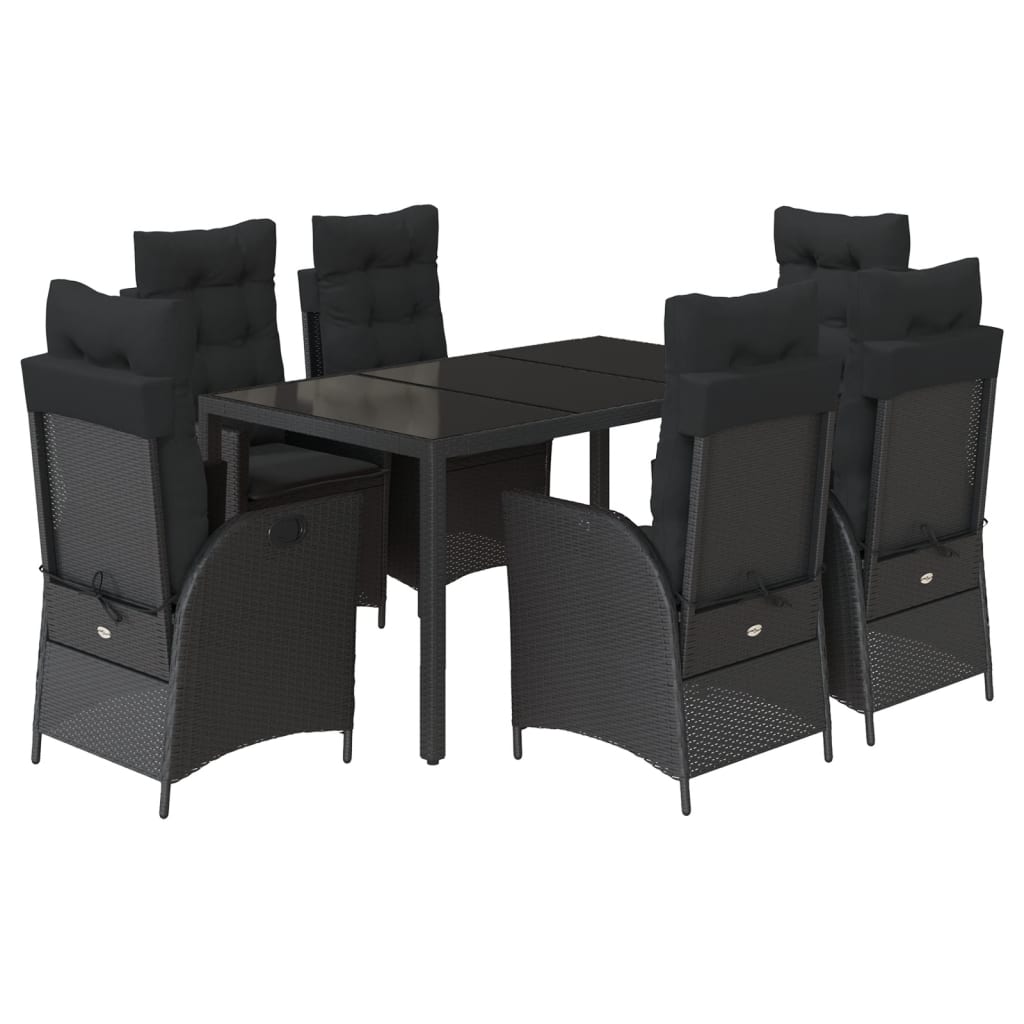 7-dijelni vrtni blagovaonski set s jastucima crni od poliratana Crna 150 cm table length