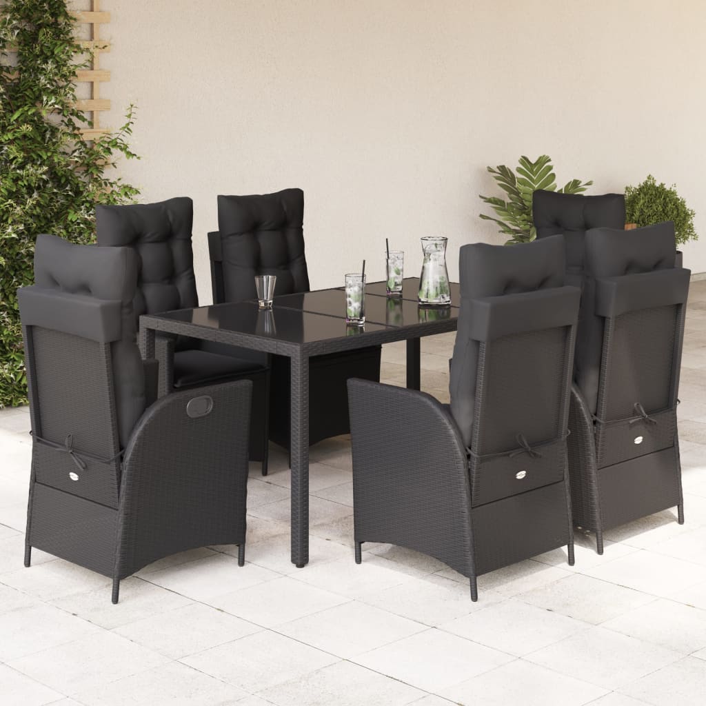 7-dijelni vrtni blagovaonski set s jastucima crni od poliratana Crna 150 cm table length