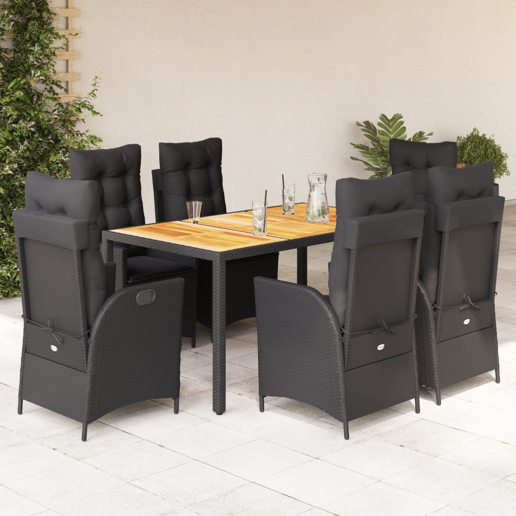 7-dijelni vrtni blagovaonski set s jastucima crni od poliratana Crna 150 cm table length