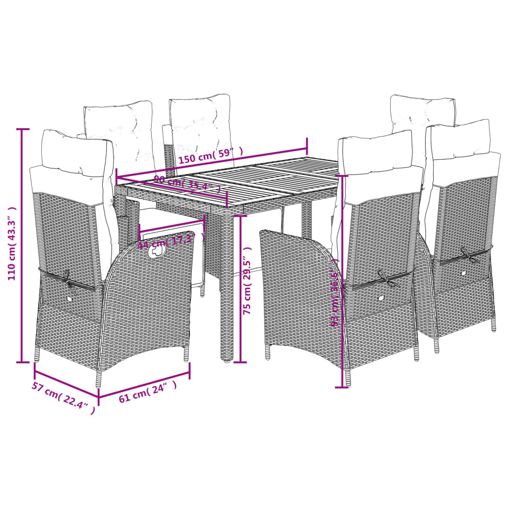 7-dijelni vrtni blagovaonski set s jastucima crni od poliratana Crna 150 cm table length