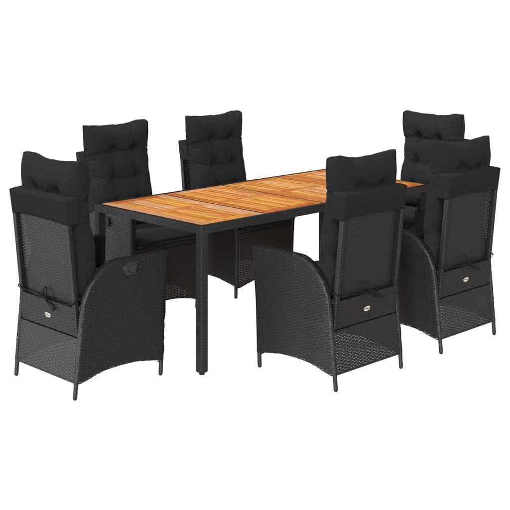 7-dijelni vrtni blagovaonski set s jastucima crni od poliratana Crna 190 cm table length