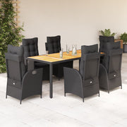 7-dijelni vrtni blagovaonski set s jastucima crni od poliratana Crna 190 cm table length