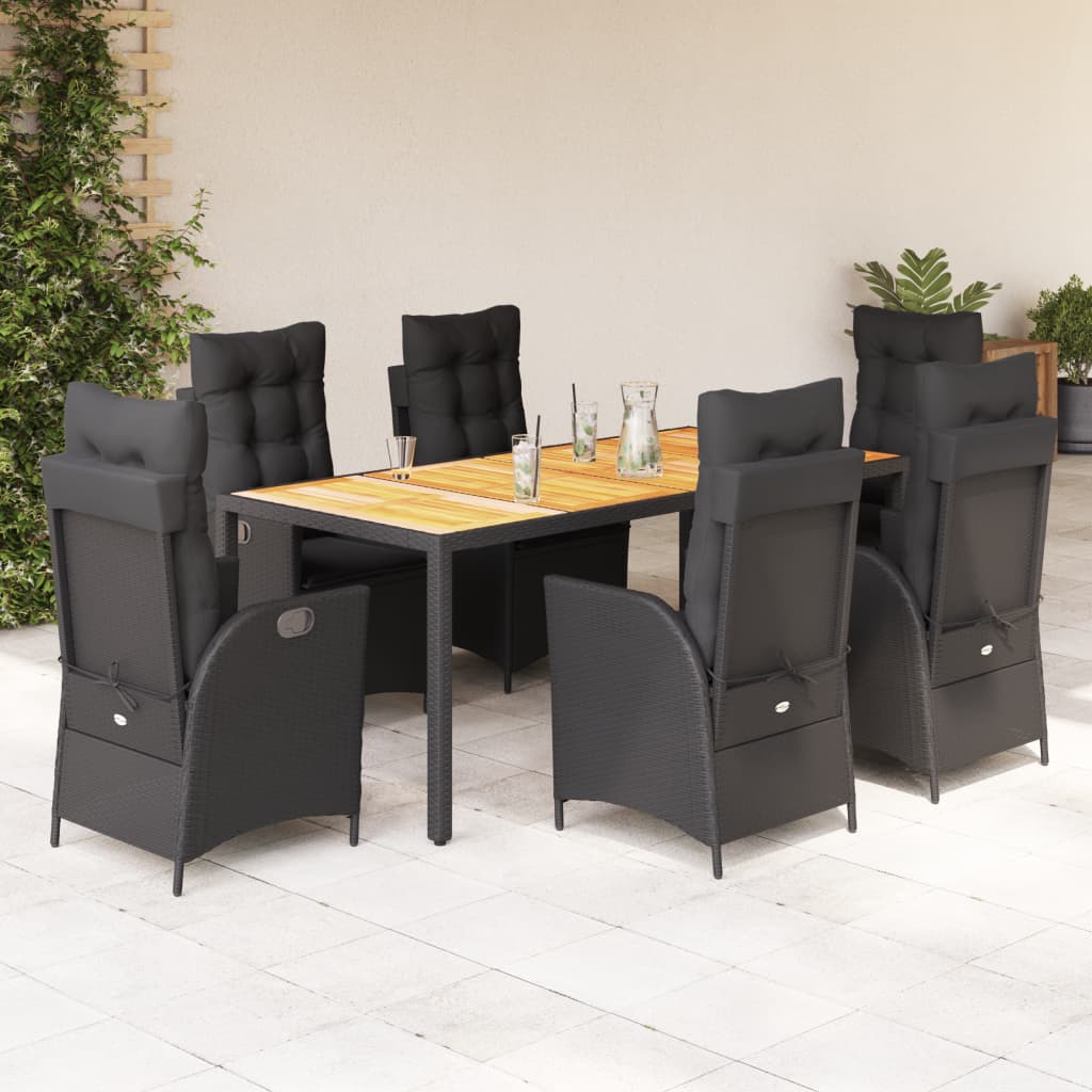 7-dijelni vrtni blagovaonski set s jastucima crni od poliratana Crna 190 cm table length
