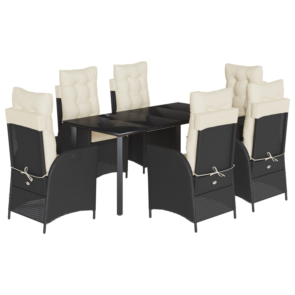 7-dijelni vrtni blagovaonski set s jastucima crni od poliratana Crna 160 x 80 x 74 cm