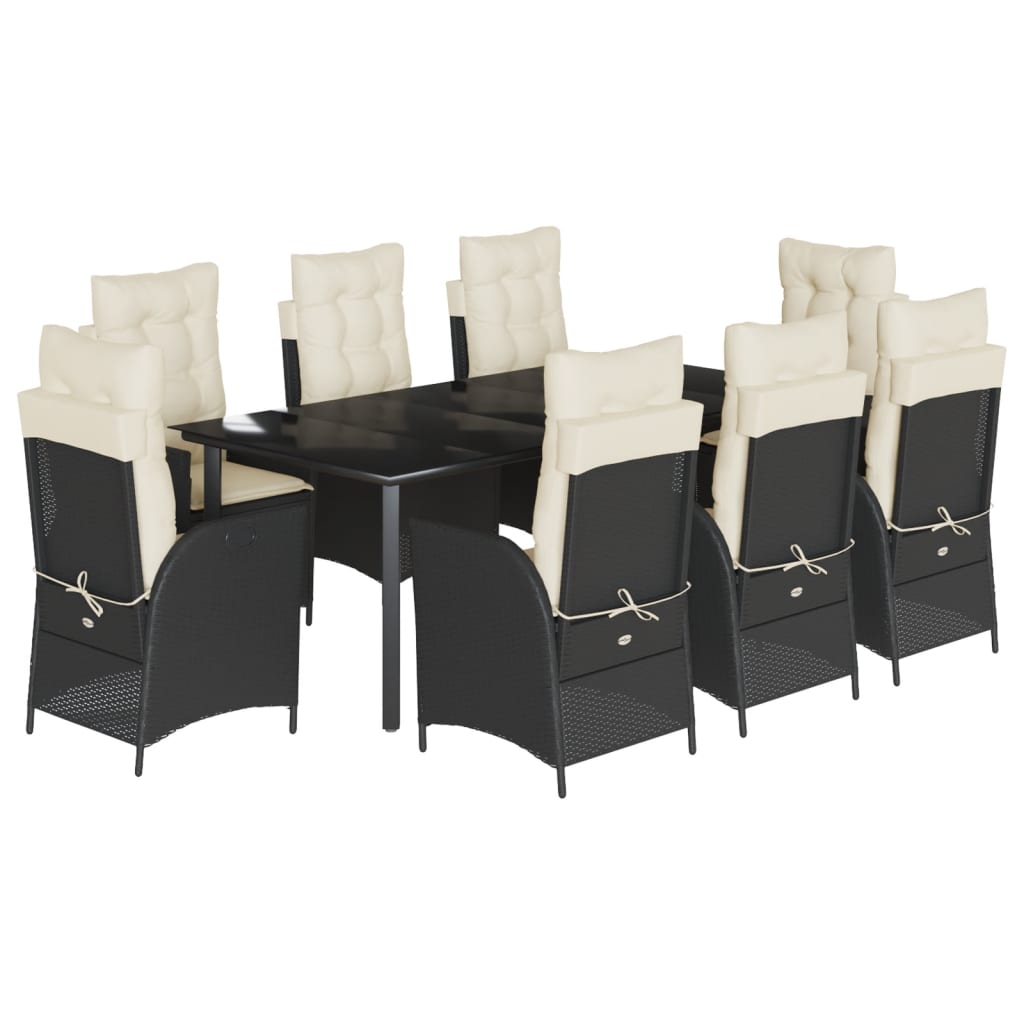 9-dijelni vrtni blagovaonski set s jastucima crni od poliratana Crna 200 x 100 x 74 cm