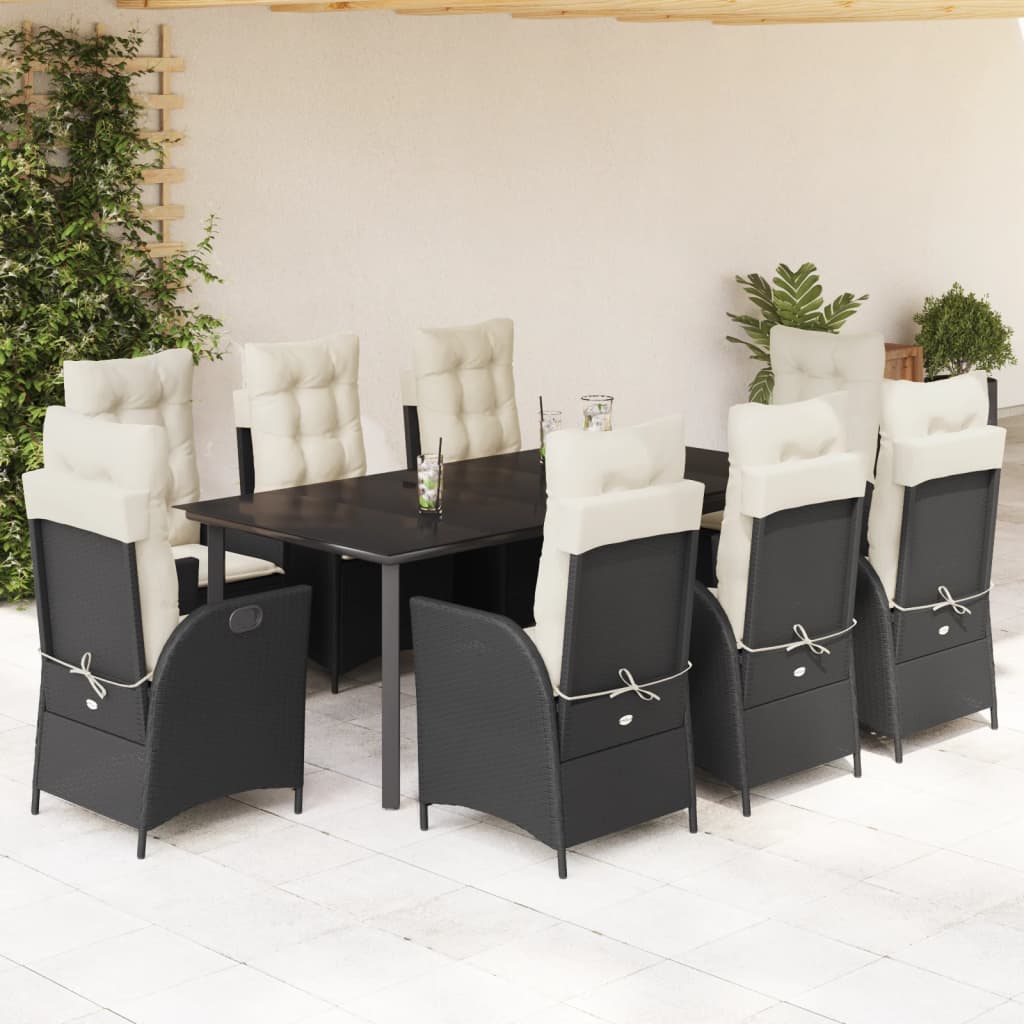 9-dijelni vrtni blagovaonski set s jastucima crni od poliratana Crna 200 x 100 x 74 cm