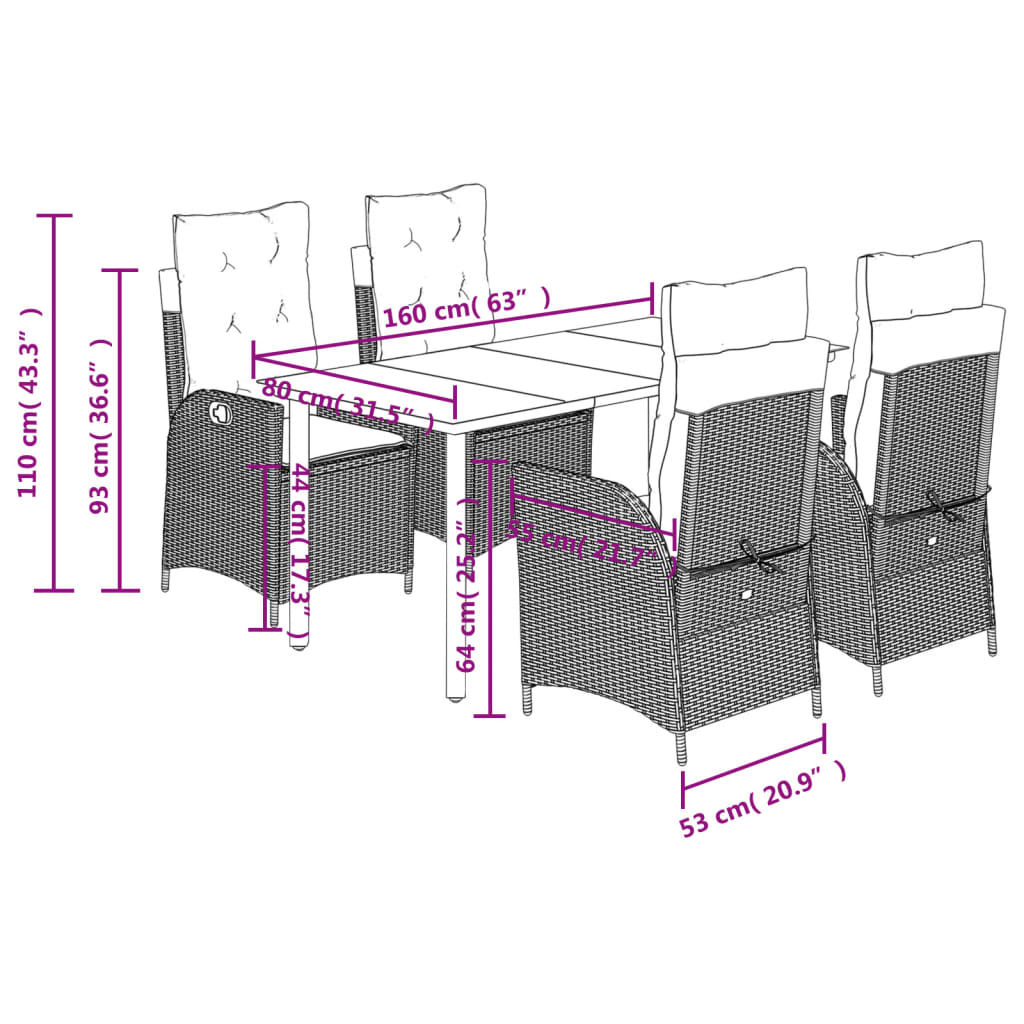 5-dijelni vrtni blagovaonski set s jastucima od poliratana crni Crna 160 x 80 x 74 cm