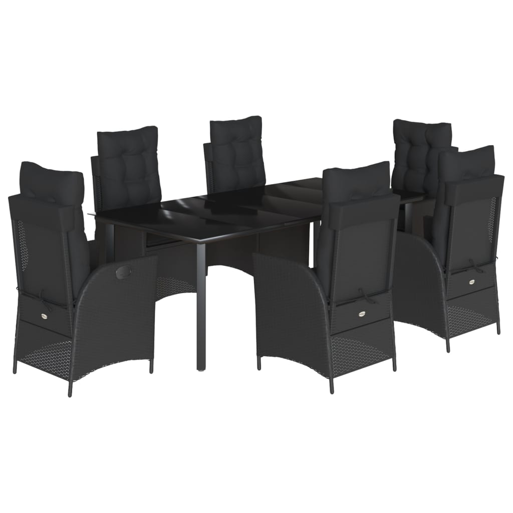 7-dijelni vrtni blagovaonski set s jastucima crni od poliratana Crna 200 x 100 x 74 cm