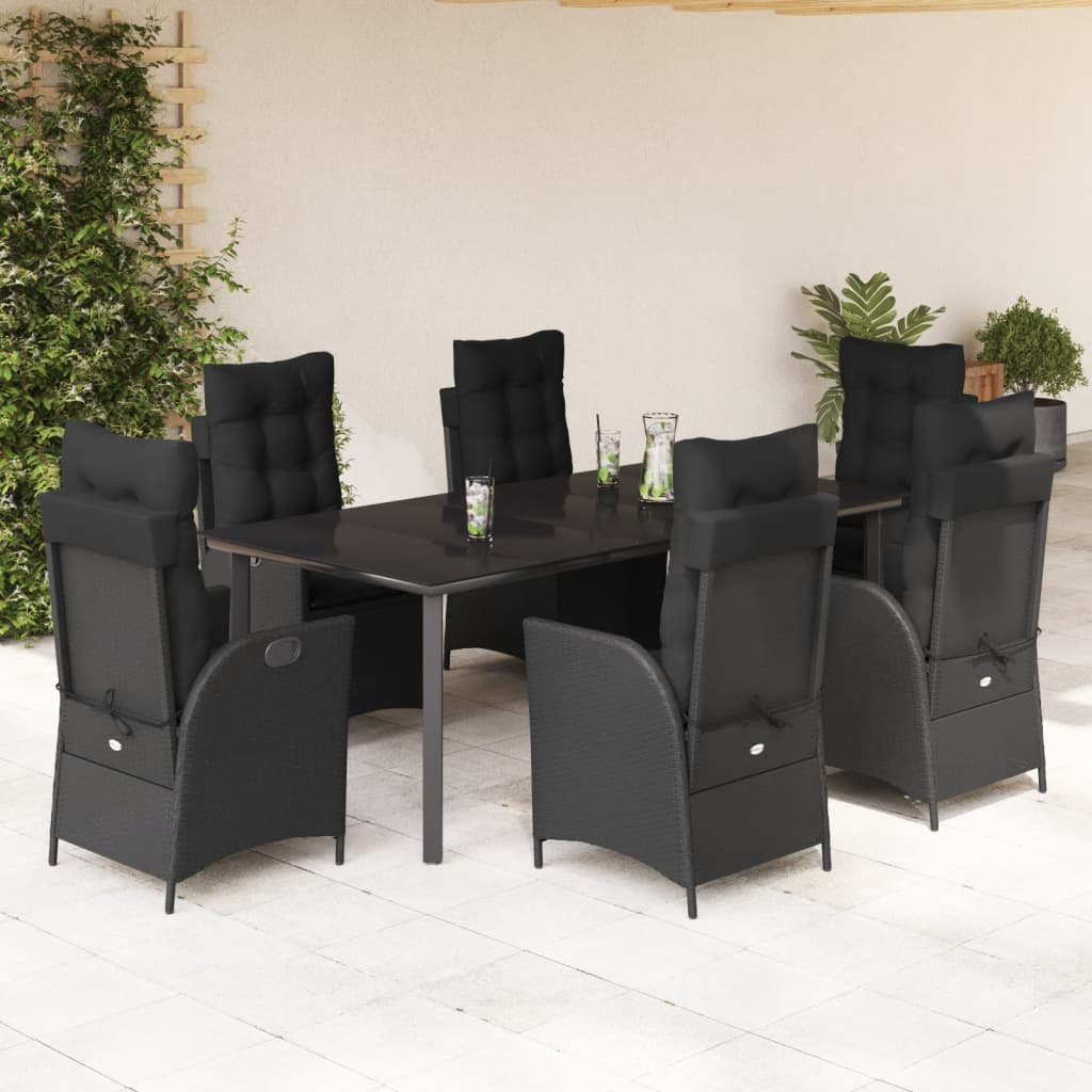 7-dijelni vrtni blagovaonski set s jastucima crni od poliratana Crna 200 x 100 x 74 cm