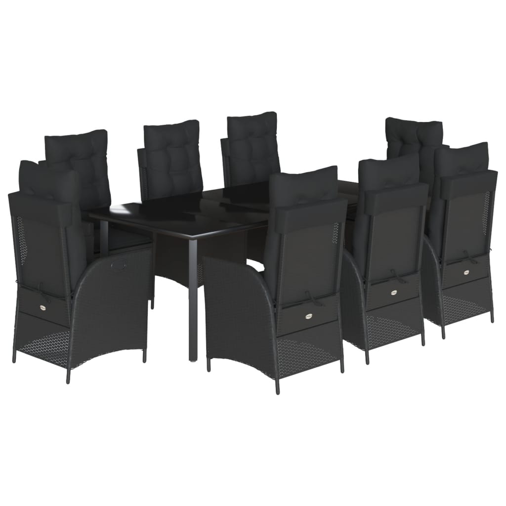 9-dijelni vrtni blagovaonski set s jastucima crni od poliratana Crna 200 x 100 x 74 cm
