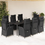 9-dijelni vrtni blagovaonski set s jastucima crni od poliratana Crna 200 x 100 x 74 cm