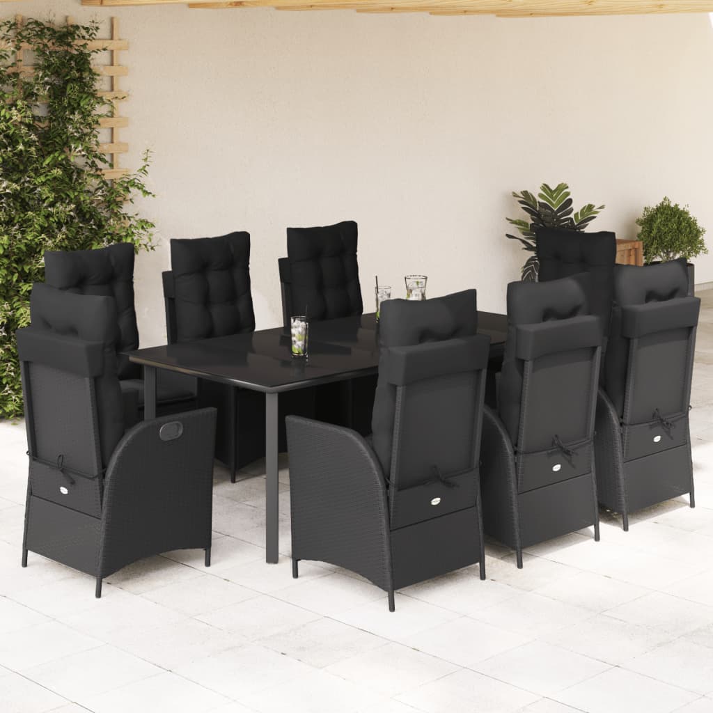 9-dijelni vrtni blagovaonski set s jastucima crni od poliratana Crna 200 x 100 x 74 cm