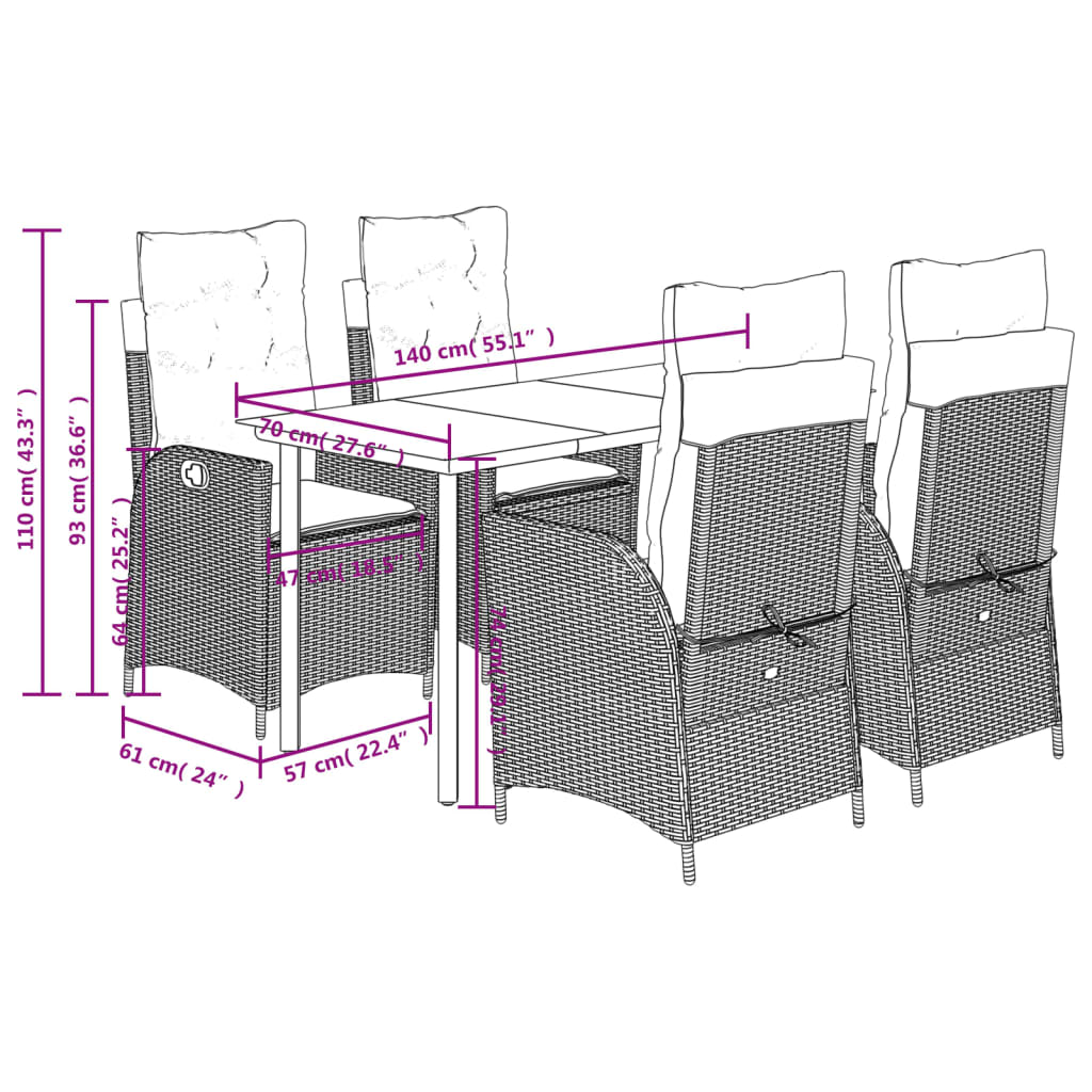 5-dijelni vrtni blagovaonski set sivi od poliratana Siva 140 x 70 x 74 cm