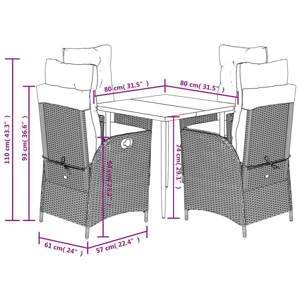 5-dijelni vrtni blagovaonski set od poliratana s jastucima bež 80 x 80 x 74 cm