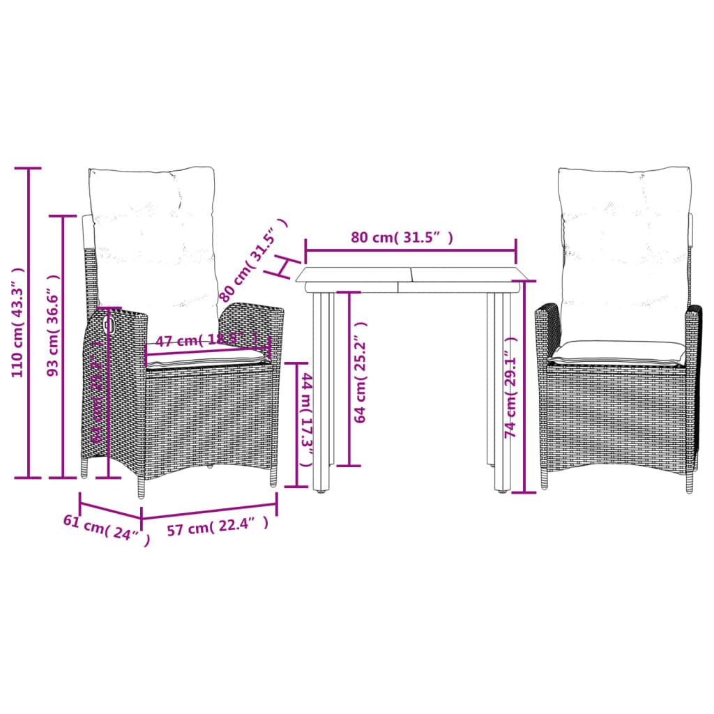 3-dijelni vrtni blagovaonski set od poliratana s jastucima bež 80 x 80 x 74 cm