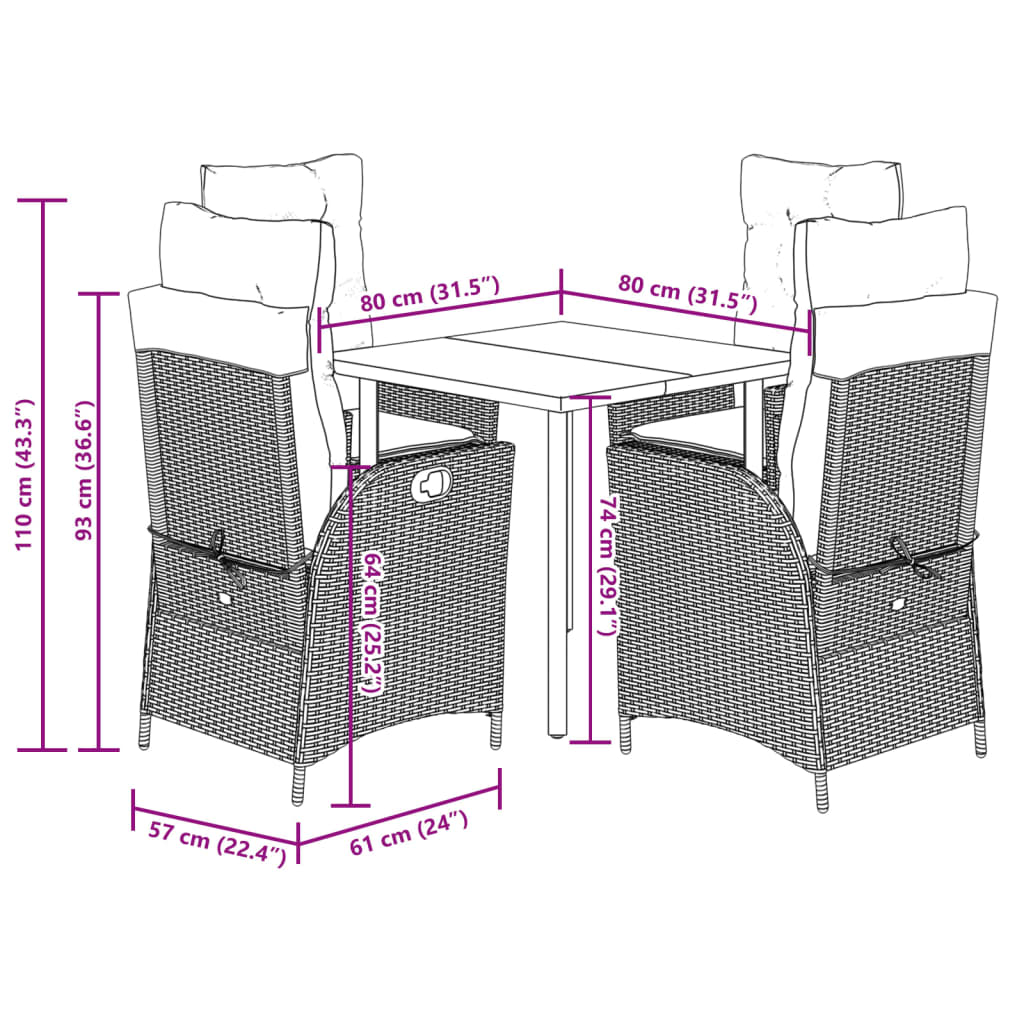 5-dijelni vrtni blagovaonski set od poliratana s jastucima bež 80 x 80 x 74 cm