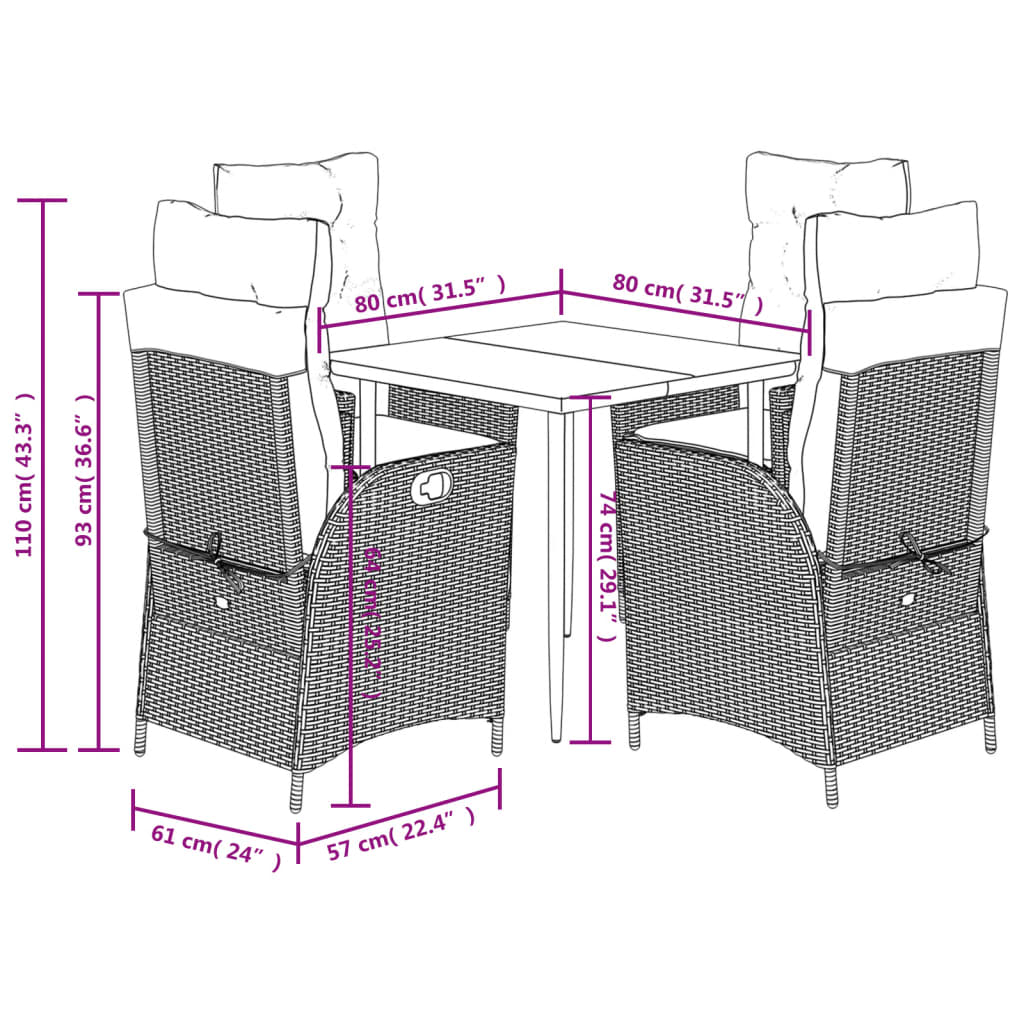 5-dijelni vrtni blagovaonski set od poliratana s jastucima sivi Siva 80 x 80 x 74 cm